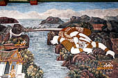 Bangkok Grand Palace, Ramakien murals of the gallery of the Wat Phra Kaew,  Hanuman enlarges himself and uses his tail as a bridge for the monkey army to cross a river. 